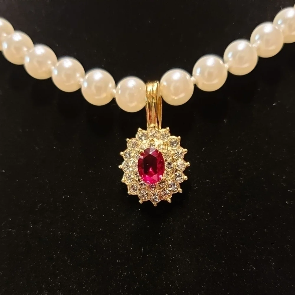 Vintage Roman Necklace Enhancer Pendant Faux Ruby & Pearls Lovely Pretty